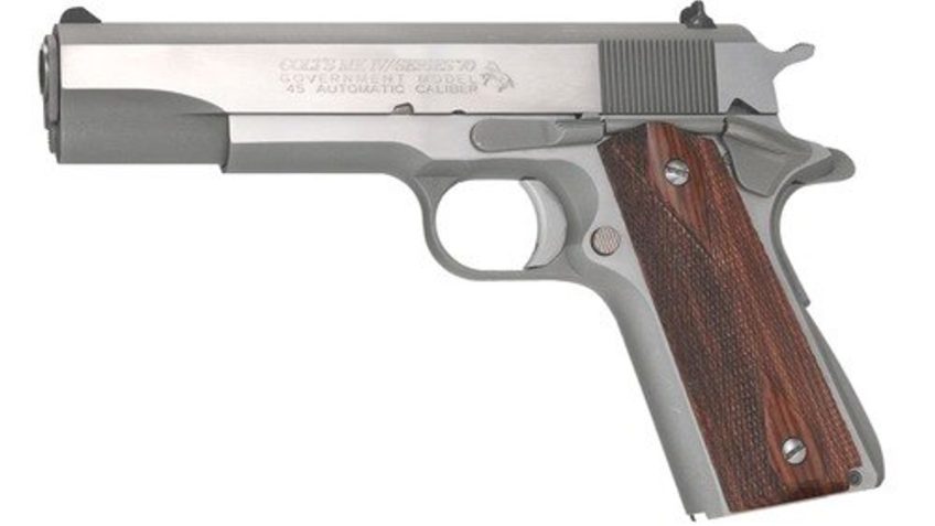 Colt Series 70 Govt 1911 45 ACP 5" Barrel, Double Diamond Rosewood Grip Brushed SS, 7rd