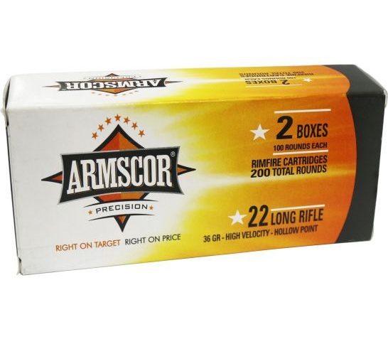 Armscor 36 gr High Velocity Hollow Point .22lr Rimfire Ammo, 200/box – 50321