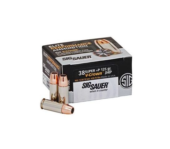 Sig Sauer 38 Super+P 125gr JHP V-Crown HP Ammunition, 20 Round Box – E38SUP1-20