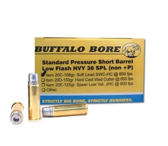 Buffalo Bore Standard Pressure Heavy 38 Special 158 grain Soft Lead Semi-Wadcutter Hollow Point Low Flash Short Barrel Pistol and Handgun Ammo, 20/Box – 20C/20