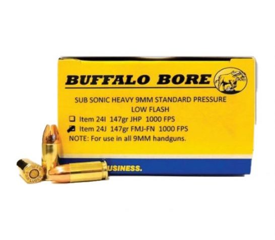 Buffalo Bore Subsonic Heavy Standard Pressure 9mm Parabellum/Luger 147 grain Full Metal Jacket Flat Nose (Subsonic) Pistol and Handgun Ammo, 20/Box – 24J/20