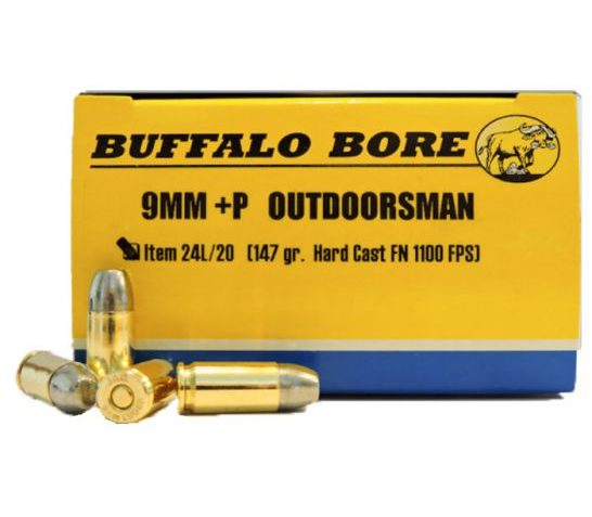 Buffalo Bore Outdoorsman 9mm Luger +P 147 grain Hard Cast Flat Nose Handgun Ammo, 20/Box – 24L/20