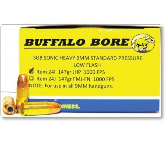 Buffalo Bore Subsonic Heavy Standard Pressure 9mm Parabellum/Luger 147 grain Jacketed Hollow Point Pistol and Handgun Ammo, 20/Box – 24I/20