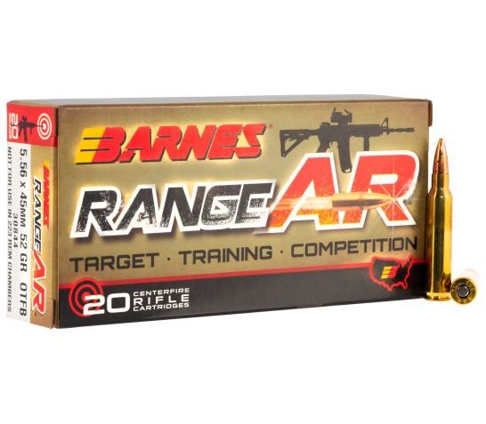 Barnes Bullets Range AR 52 gr Open Tip Flat Base 5.56 Ammo, 20/box – 30844