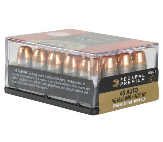 Federal Premium Personal Defense Hydra-Shok Low Recoil 165 gr Jacketed Hollow Point .45 ACP Ammo, 20/box – PD45HS3 H