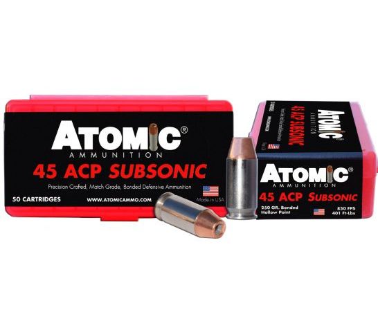 Atomic Ammunition 250 gr Bonded Match Hollow Point .45 ACP Subsonic Ammo, 50/box – 00439