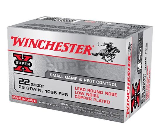 Winchester Ammunition Super-X 29 gr Lead Round Nose Low Noise Copper-Plated .22 Short Ammo, 50/box – X22S