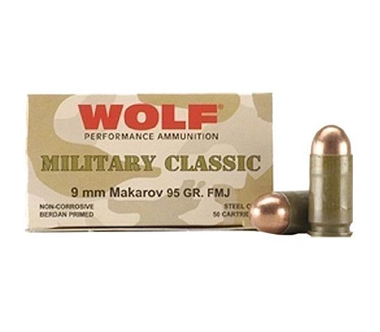 Wolf Performance Military Classic 95 gr Full Metal Jacket 9x18mm Makarov Ammo, 50/box – MC918FMJ