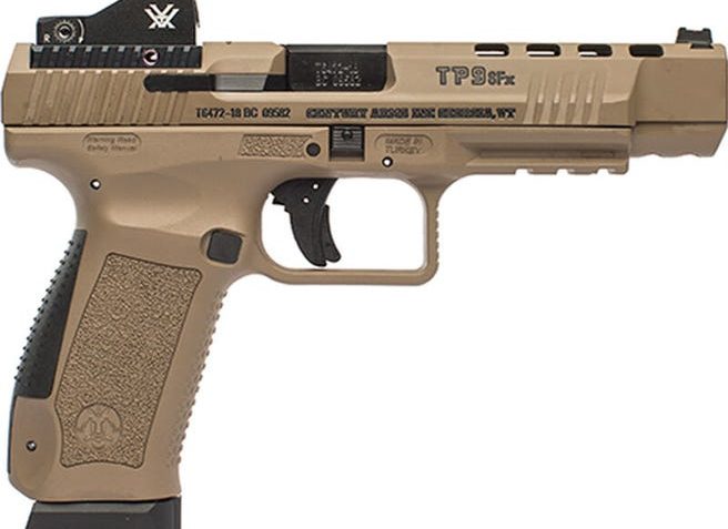 CANIK TP9SFx Striker Fired 9MM 5.2" Match Grade Barrel Two 20 Round Magazines with Vortex Vipee Red Dot Site Tan