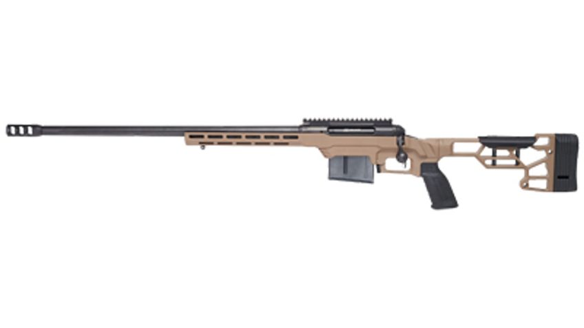 Savage 110 Precision, 308 Winchester, 20" Heavy Barrel, Threaded 5/8-24, BA Muzzle Brake, Flat Dark Earth, MDT LSS XL Chassis, AccuTrigger, Includes 1 AICS Magazine and 20 MOA 1 piece EGW Rail, 5Rd, Left Hand