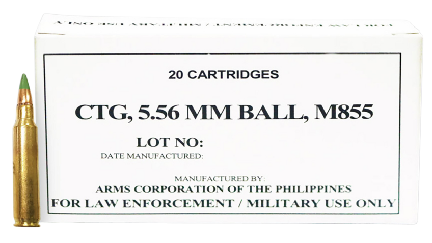Armscor M855 Ball 5.56mm NATO 62gr Full Metal Jacket Rifle Ammo – 20 Rounds