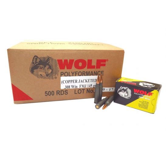 Wolf Performance PolyFormance 145 gr Full Metal Jacket .308 Win/7.62 Ammo, 500/case – 308CFMJ