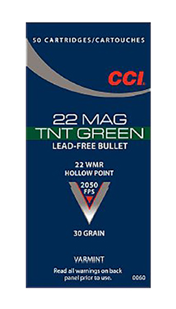 CCI TNT Green Magnum Lead-Free Rimfire Ammo – .22 WMR – 30 Grain – 50 Rounds