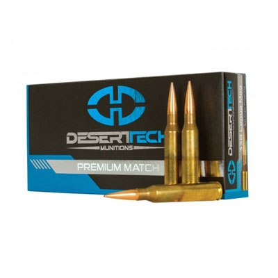 Desert Tech Premium Match .338 Lapua Magnum, 300 grain, Open Tip Match Boat-Tail Brass Cased Centerfire Rifle Ammo, 20 Rounds, DTM-338300-BX