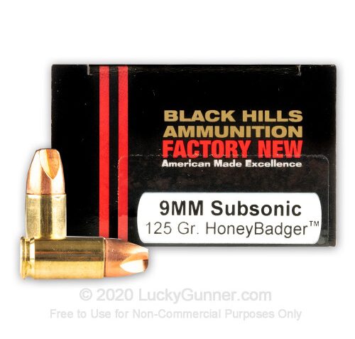 9mm – 125 Grain Subsonic HoneyBadger – Black Hills – 20 Rounds