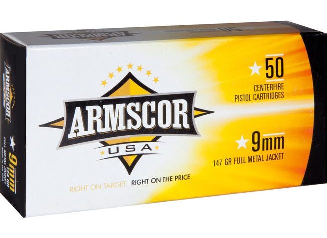 Armscor Pistol Ammo Brass 9mm 147 Grain 50-Rounds FMJ