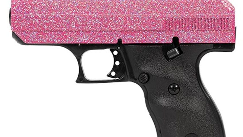 Hi-Point C9 9mm, 3.50" Black Steel Barrel, Hydro-Dipped Pink Sparkle Serrated Slide, Black Frame and Grips, 8rd