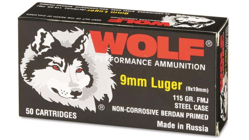Wolf Ammo, 9mm Luger, 115 grain, Full Metal Jacket, Steel, Centerfire Pistol Ammo, 50 Rounds, 919WFMJ