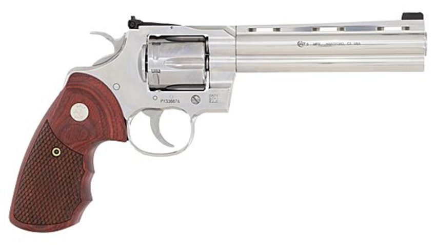Colt's Manufacturing, Python, 357 Magnum, 6", 6 Rounds, Silver, Wood, 1:14, Colt Python 6" Stainless Steel, Stainless Steel, Upgraded Snake ScaleWalnut Grips, Brass Bead Front Sight  Revolver, Double Action