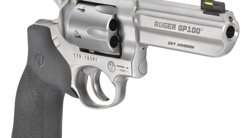 Ruger GP100 Match Champion Double-Action Revolver with Hogue Rubber Tamer Grip with No Finger Grooves