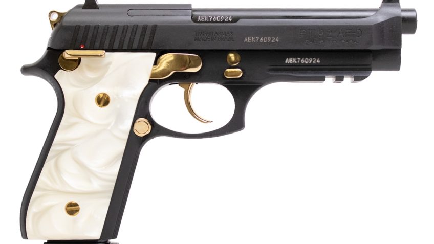 Taurus 1-920151GLD-WP PT92 9mm Luger 5″ 17+1 Blued Black, Gold Accents, Pearl Grip, Picatinny Rail