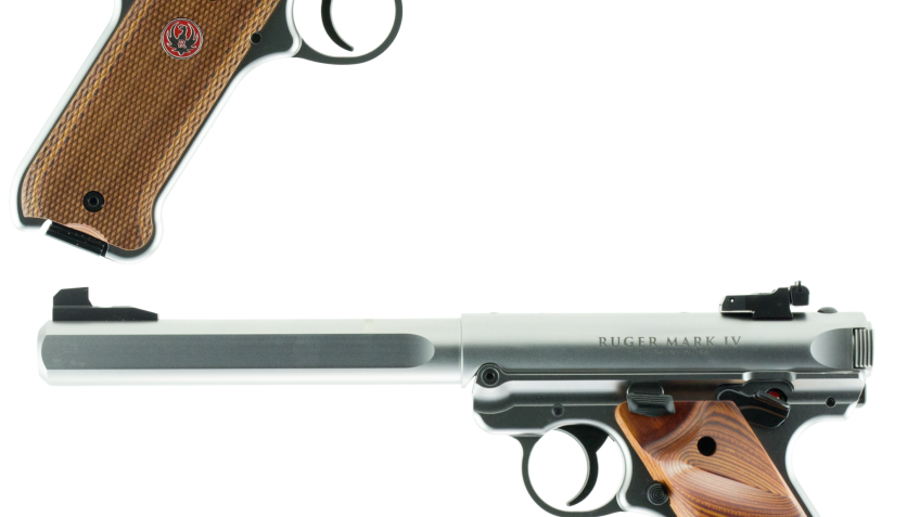 Ruger 40112 Mark IV Competition 22 LR SAO 6.88″ 10+1 Checkered Laminate w/Thumbrest Grip Satin Stainless Slide