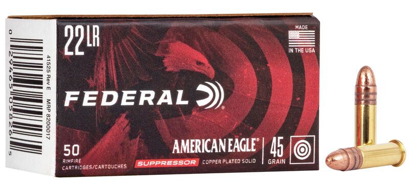 Federal American Eagle Suppressor Ammunition 22LR 45 Grain Copper Plated Lead Round Nose 50 Rd Bx – Dirty Bird Industries