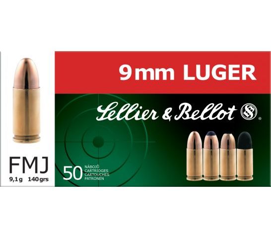 Sellier & Bellot 9mm Luger 140 Grain Subsonic Full Metal Jacket Brass Cased Pistol Ammo, 50 Rounds, SB9SUBA