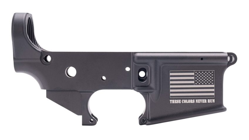 Anderson AM-15 Forged Stripped AR15 Lower Receiver – Black | Flag & "These Colors Never Run" Slogan