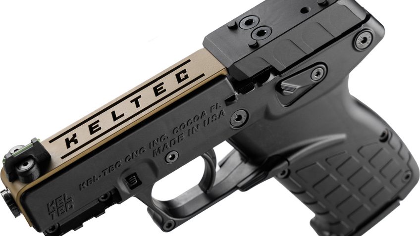 Kel-Tec P17 Sports South Exclusive 22 LR 16+1 3.80" Black Threaded Barrel, Exclusive Tan Optic Ready/Serrated Slide, Black Polymer Frame w/Picatinny Rail, Black Polymer Grip – P17BBLKORTANS