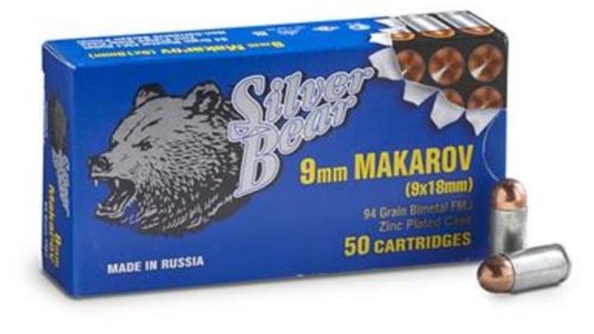 Silver Bear Bear 9X18 Makarov 94Gr. Fmj-Rn Zinc Plated Case 50-Pk A918RFMJN 4607094860655