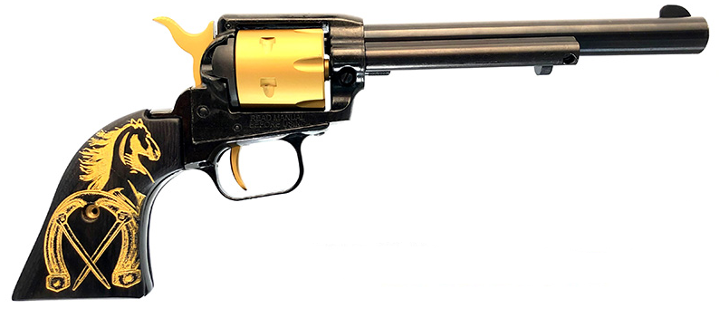 Heritage Heritage Rough Rider, .22Lr, 6.5" Barrel, Black, Gold Cylinder, Gold Horseshoe Grips, Ivs Exclusive RR22B6-GHSHOE