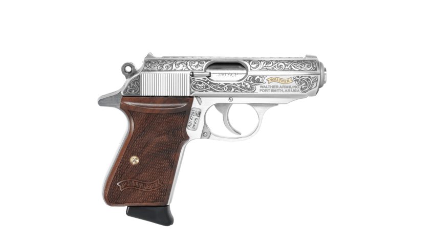 Walther PPK/S Meister Gold Ribbon 380 ACP, 3.3" Barrel, Engraved Stainless, Checkered Walnut Grip, 6rd