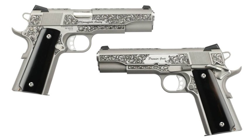 Springfield Armory 1911 Garrison Engraved Stainless .45 ACP 5″ Barrel 7-Rounds Ebony Grips