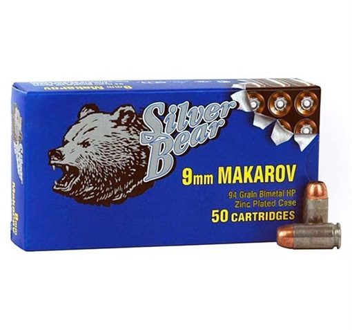 Silver Bear Bear 9X18 Makarov 94Gr. Jhp Zinc Plated Case 50-Pk A918RHPN 4607094861386