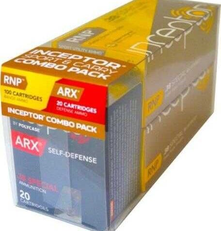 PolyCase Ammo 38SPLRNDARX Inceptor 38 Special 84 GR/77 GR RNP/ARX 120 Bx/ 12 Cs – Brass Casing