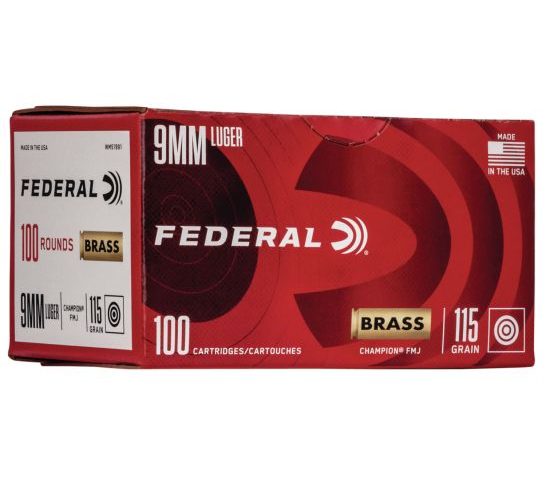 Federal Champion Training 9mm Luger 115 gr Full Metal Jacket (FMJ) 100 Bx/ 5 Cs – Brass Casing