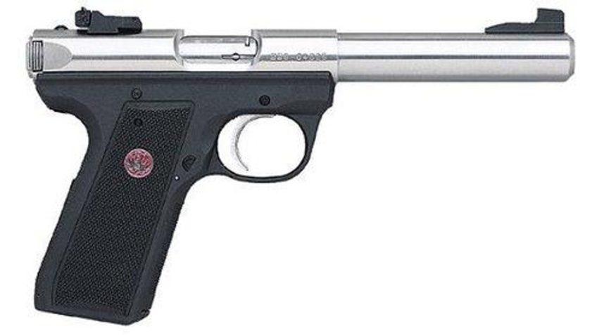 Ruger 22/45 Mark III .22 LR 5″ Stainless ADJUSTABLE SIGHTS – 10+1 Rounds, 5.5″ Barrel, Polymer Grips, Stainless/Silver, 3-Dot Sights