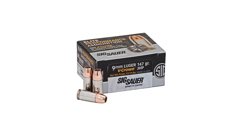 Sig Sauer Elite 9mm 147 Gr V-Crown JHP 50rd box LE/MIL/IOP – Nickel Plated Brass Casing