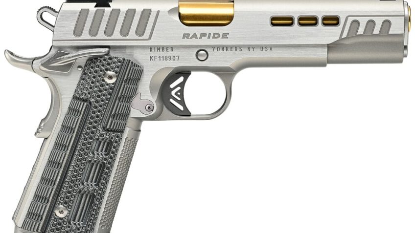 Kimber Rapide Dawn, 1911 45 ACP, 5" Barrel, Gold TiN Finish,  TRUGLO TFX Tritium/Fiber-Optic Sights, Black/Gray G10 Grips, Manual Safety, 8rd, 1 Magazine, California Compliant