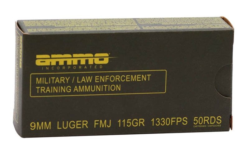 Ammo, Inc. Military/Law Enforcement Training 9mm Luger 115 grain Full Metal Jacket Brass Cased Pistol Ammo, 50 Rounds, 9115FMJ-MLE50