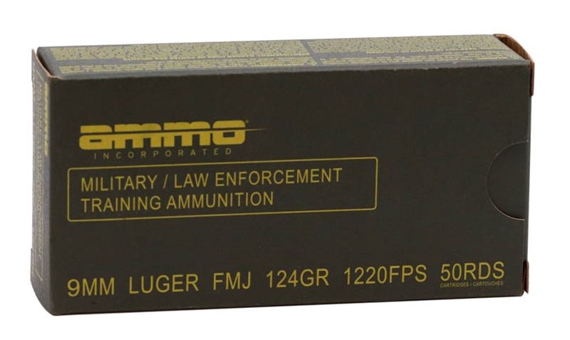 Ammo, Inc. Military/Law Enforcement Training 9mm Luger 124 grain Full Metal Jacket Brass Cased Pistol Ammo, 50 Rounds, 9124FMJ-MLE50